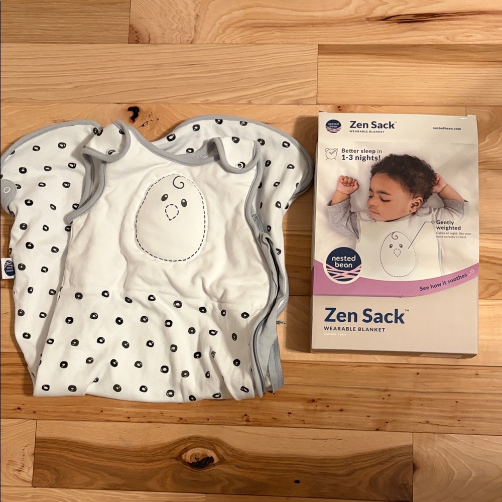 Nested Bean Zen Sack Wearable Blanket White with Gray Trim and Black Dot Print